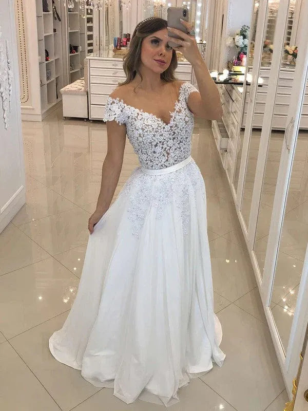 Vintage Modern Off-the-Shoulder Lace Chiffon A-Line Ball Gown Wedding Dress with Keyhole Back