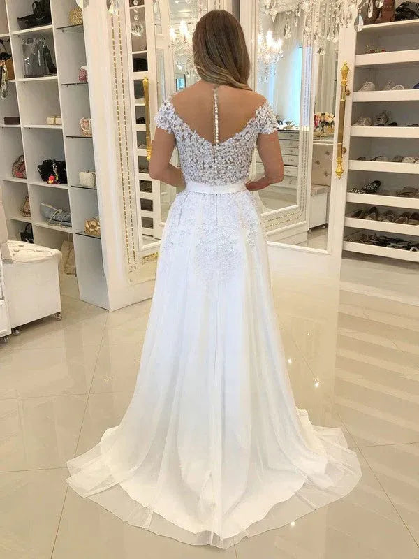 Vintage Modern Off-the-Shoulder Lace Chiffon A-Line Ball Gown Wedding Dress with Keyhole Back
