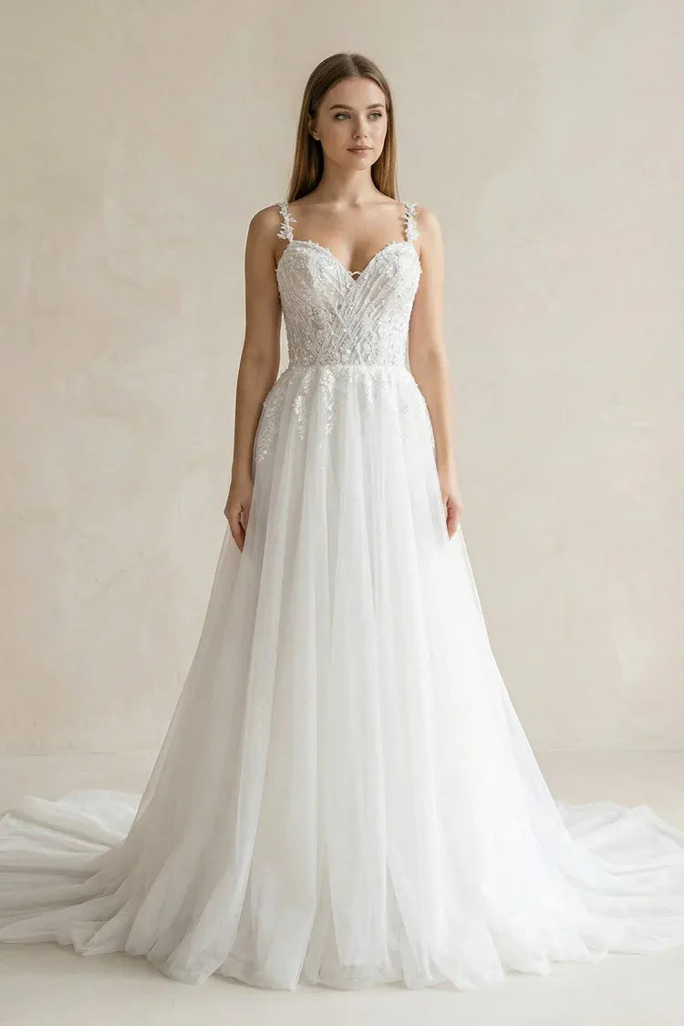 Vintage Modern Sweetheart Neckline Lace A-Line Brush Train Wedding Dress with Floral Straps