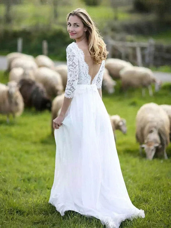 Vintage Modern Three-Quarter Sleeve Lace Chiffon chiffon construction Wedding Dress with V-Back