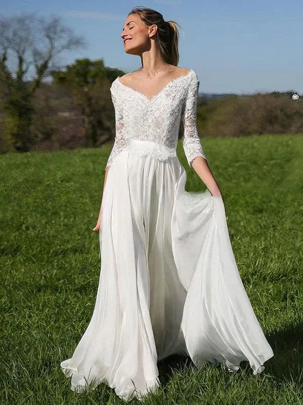 Vintage Modern Three-Quarter Sleeve Lace Chiffon chiffon construction Wedding Dress with V-Back