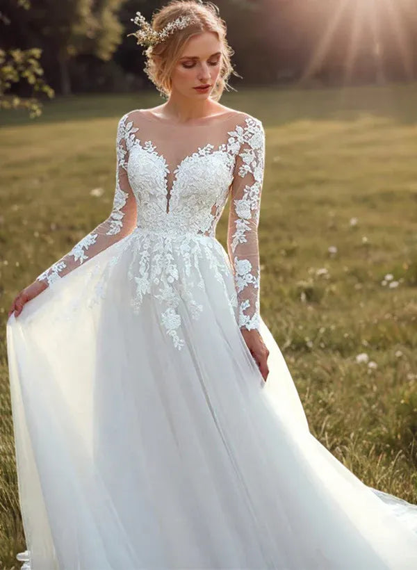 Vintage Romantic Illusion Neck Lace A-Line Wedding Dress with Long Sheer Sleeves & Button Back