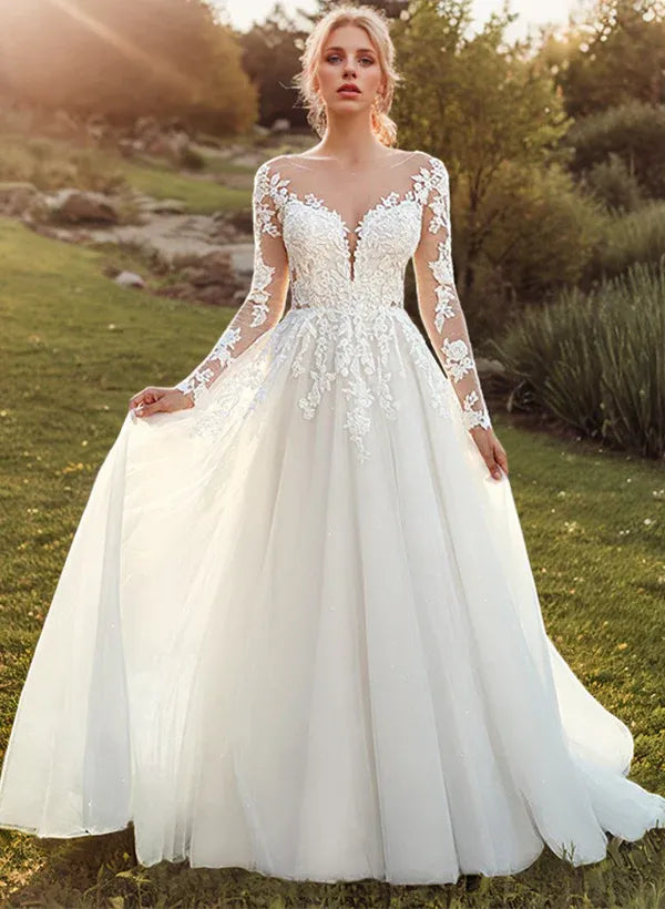 Vintage Romantic Illusion Neck Lace A-Line Wedding Dress with Long Sheer Sleeves & Button Back