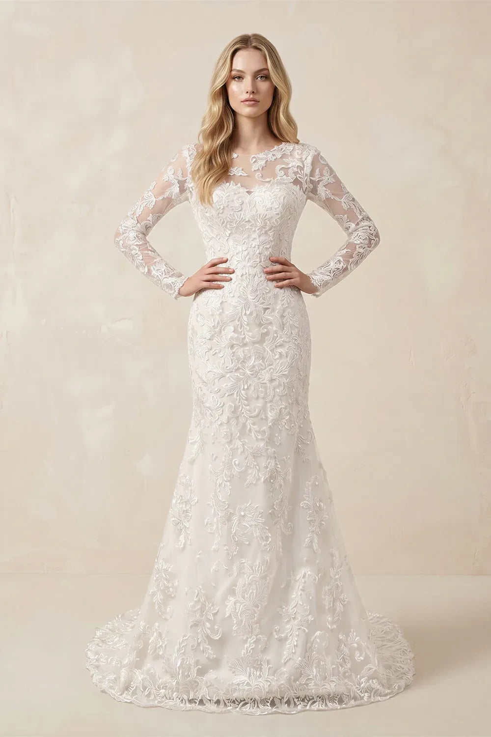 Vintage Romantic  Illusion Neck Long Sleeve Lace Mermaid Wedding Dress with Sheer Back
