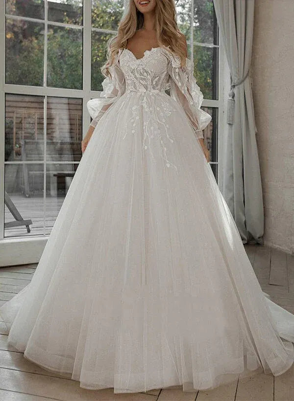 Vintage Romantic Off-the-Shoulder Puff Sleeve Lace A-Line Floor-Length Wedding Dress with Sweetheart Neckline