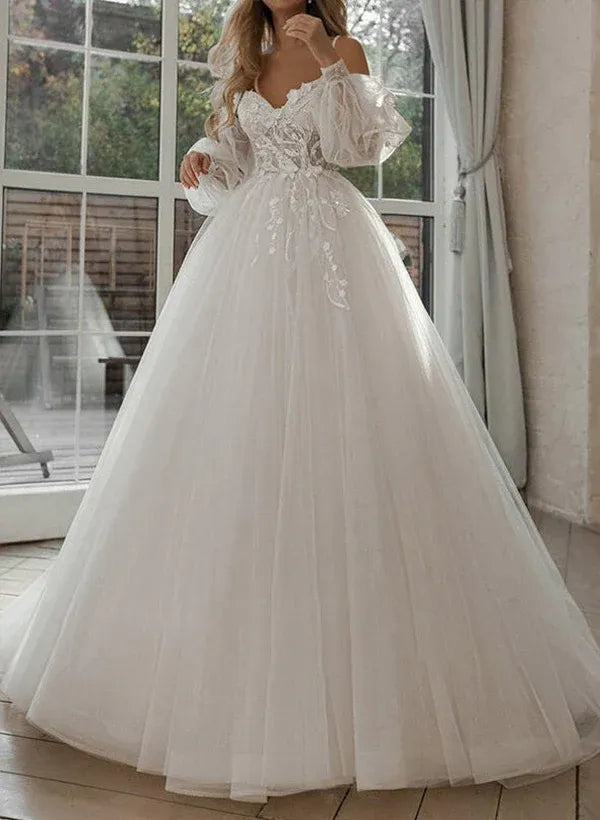 Vintage Romantic Off-the-Shoulder Puff Sleeve Lace A-Line Floor-Length Wedding Dress with Sweetheart Neckline