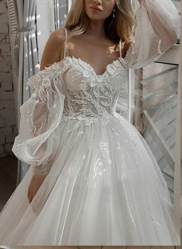 Vintage Romantic Off-the-Shoulder Puff Sleeve Lace A-Line Floor-Length Wedding Dress with Sweetheart Neckline
