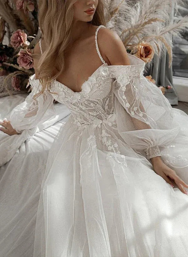 Vintage Romantic Off-the-Shoulder Puff Sleeve Lace A-Line Floor-Length Wedding Dress with Sweetheart Neckline