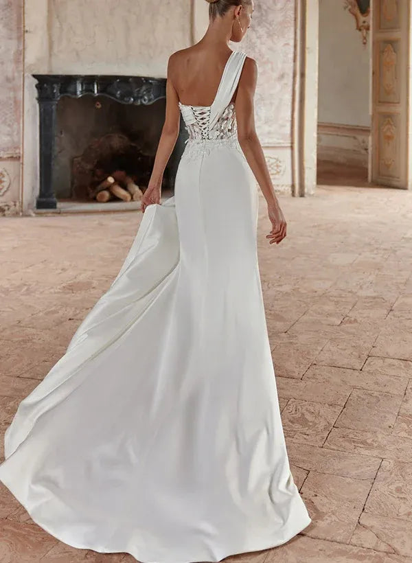 Vintage Romantic One-Shoulder Satin Mermaid Wedding Dress with  Floral Appliques & High Slit