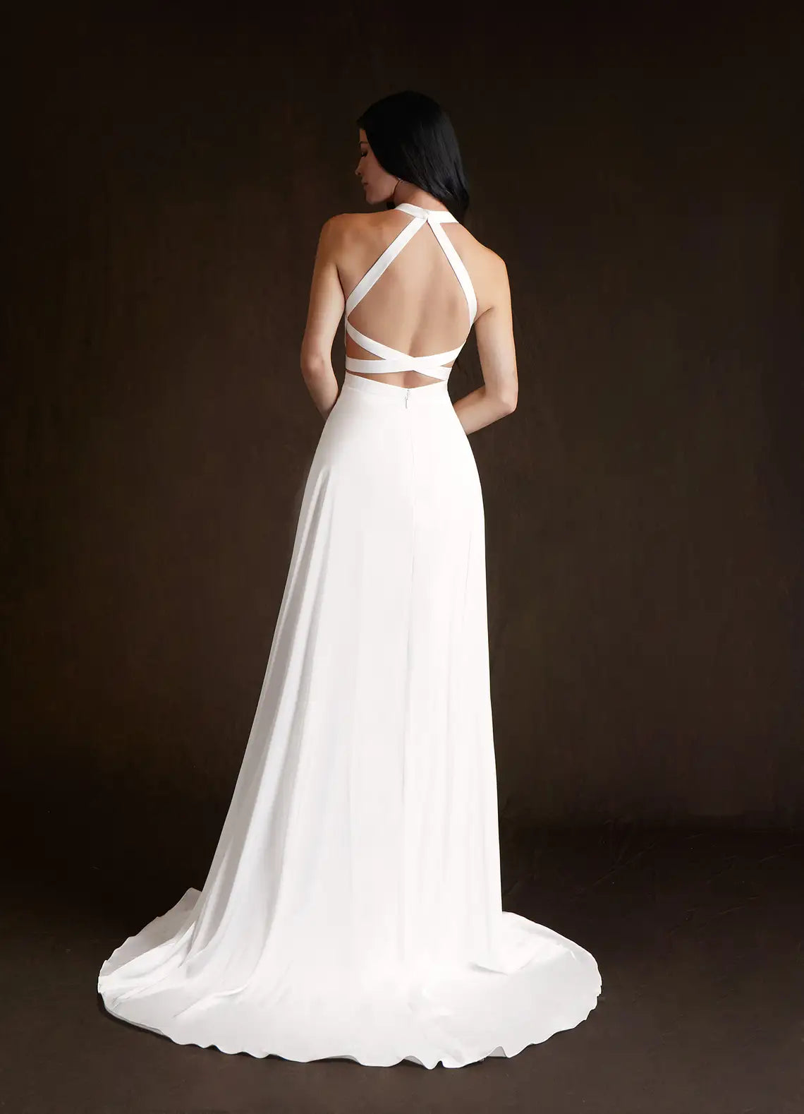 Vintage Romantic Open crisscross back Halter Neck Crepe Wedding Dress with Crisscross Back & Slit