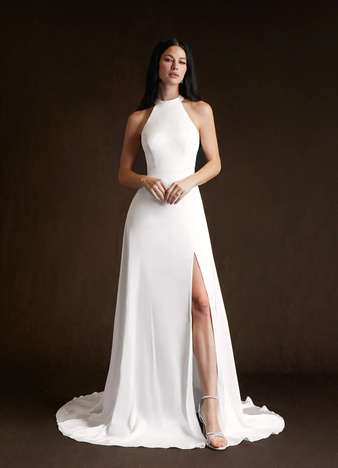 Vintage Romantic Open crisscross back Halter Neck Crepe Wedding Dress with Crisscross Back & Slit