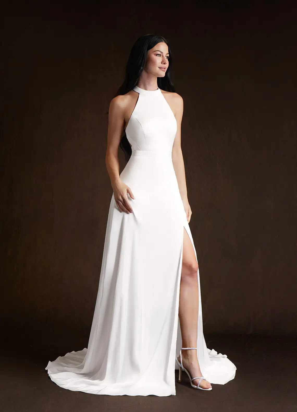 Vintage Romantic Open crisscross back Halter Neck Crepe Wedding Dress with Crisscross Back & Slit