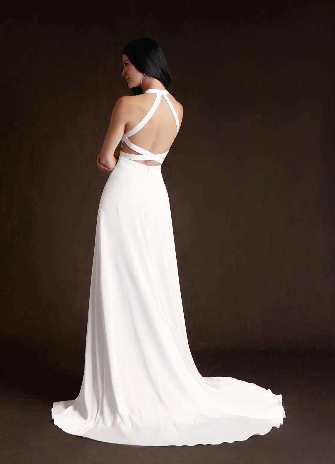 Vintage Romantic Open crisscross back Halter Neck Crepe Wedding Dress with Crisscross Back & Slit