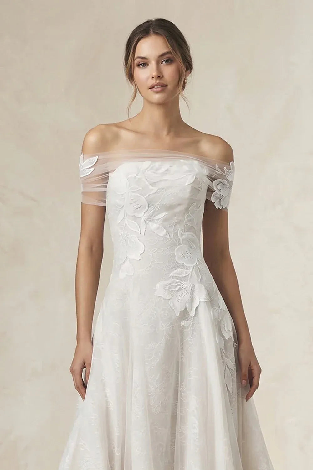 Vintage Romantic Shawl Sleeves Off-the-Shoulder Floral Lace A-Line Wedding Dress with Tulle Overlay