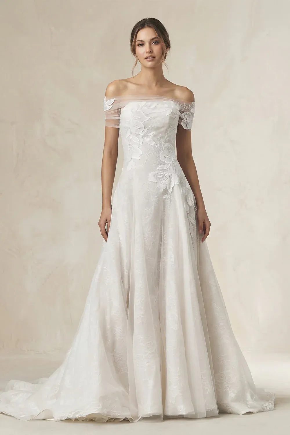 Vintage Romantic Shawl Sleeves Off-the-Shoulder Floral Lace A-Line Wedding Dress with Tulle Overlay