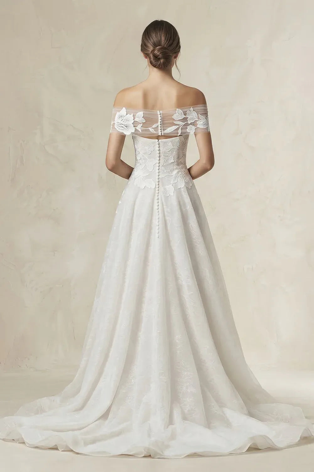 Vintage Romantic Shawl Sleeves Off-the-Shoulder Floral Lace A-Line Wedding Dress with Tulle Overlay