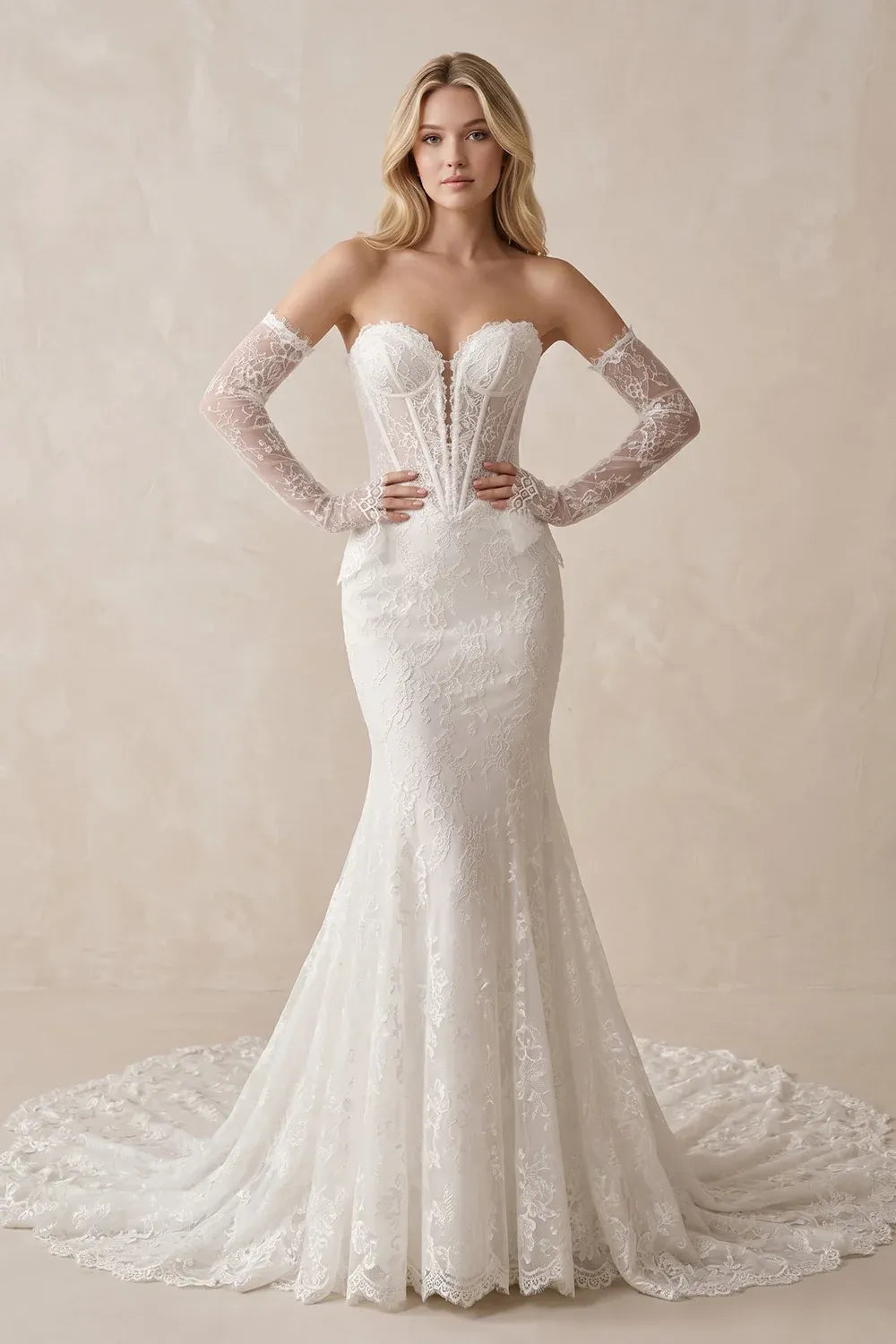 Vintage Romantic  Strapless Corset Lace Mermaid Wedding Dress with Detachable Long Sleeves