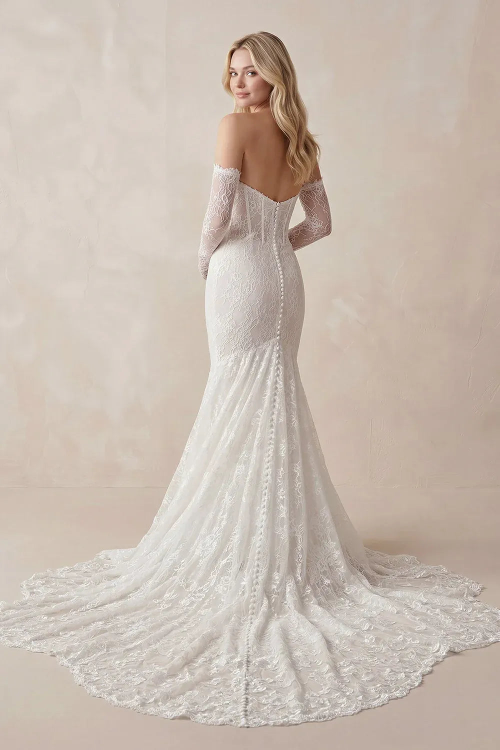 Vintage Romantic  Strapless Corset Lace Mermaid Wedding Dress with Detachable Long Sleeves