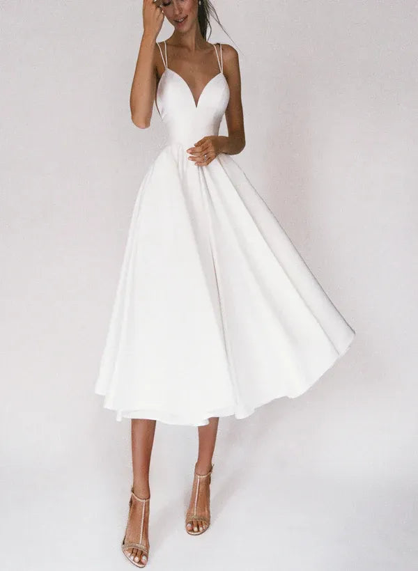 Vintage Romantic Sweetheart Double Strap Satin Midi Knee-Length Wedding Dress with Crisscross Back