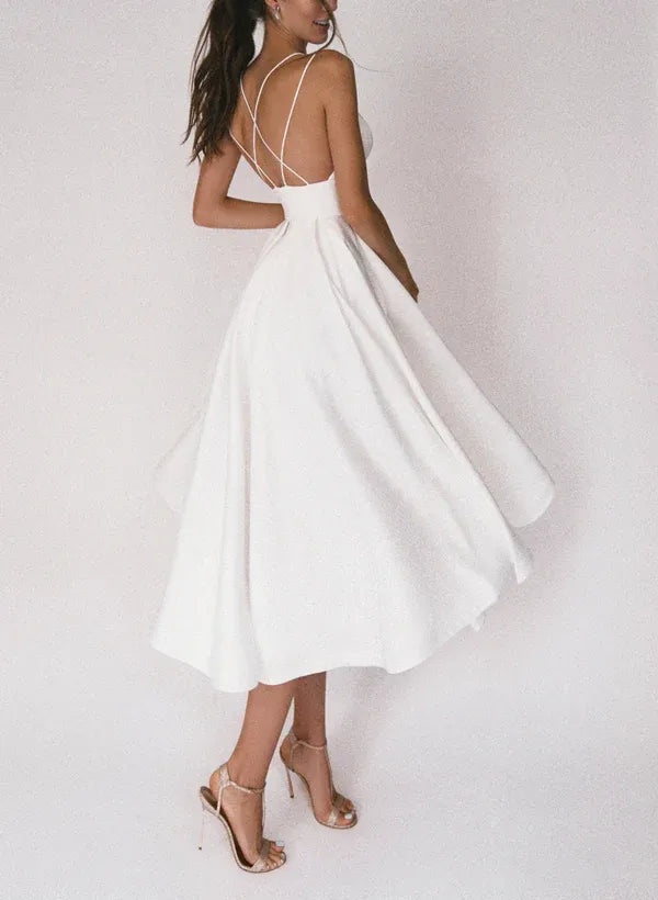 Vintage Romantic Sweetheart Double Strap Satin Midi Knee-Length Wedding Dress with Crisscross Back