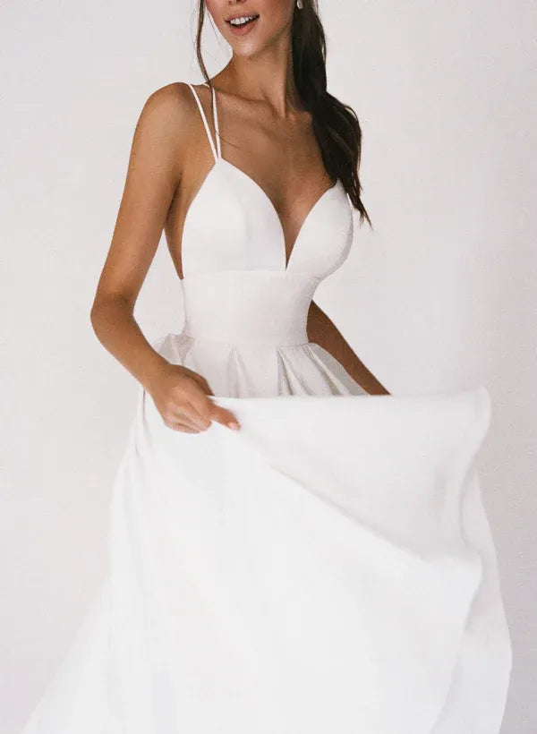 Vintage Romantic Sweetheart Double Strap Satin Midi Knee-Length Wedding Dress with Crisscross Back