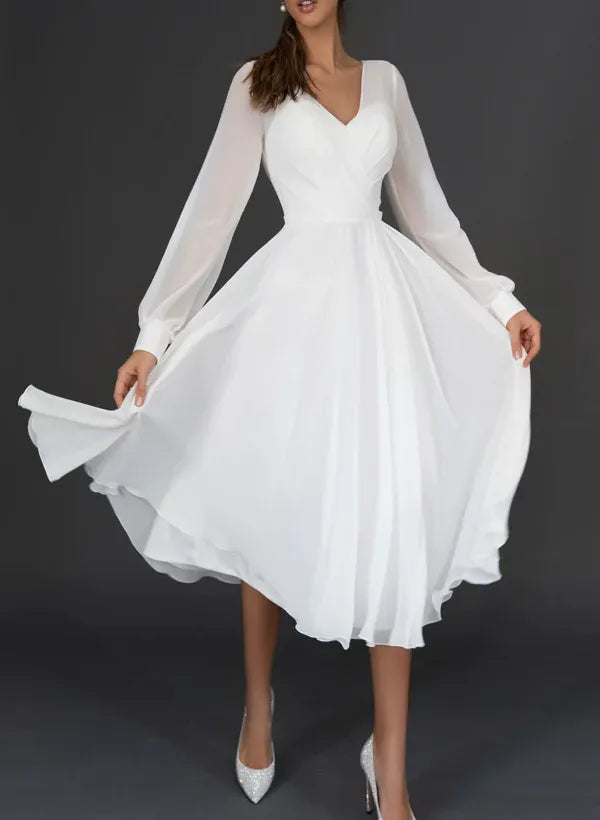 Vintage Romantic Tea-Length V-Neck Long Sleeve Chiffon Midi Wedding Dress with Keyhole Back