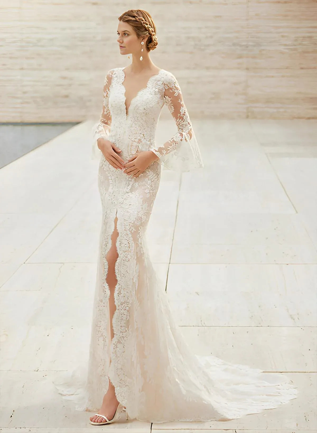 Vintage Romantic Trumpet Deep V-Neck Lace Mermaid Wedding Dress with Bell Sleeves & High Slit