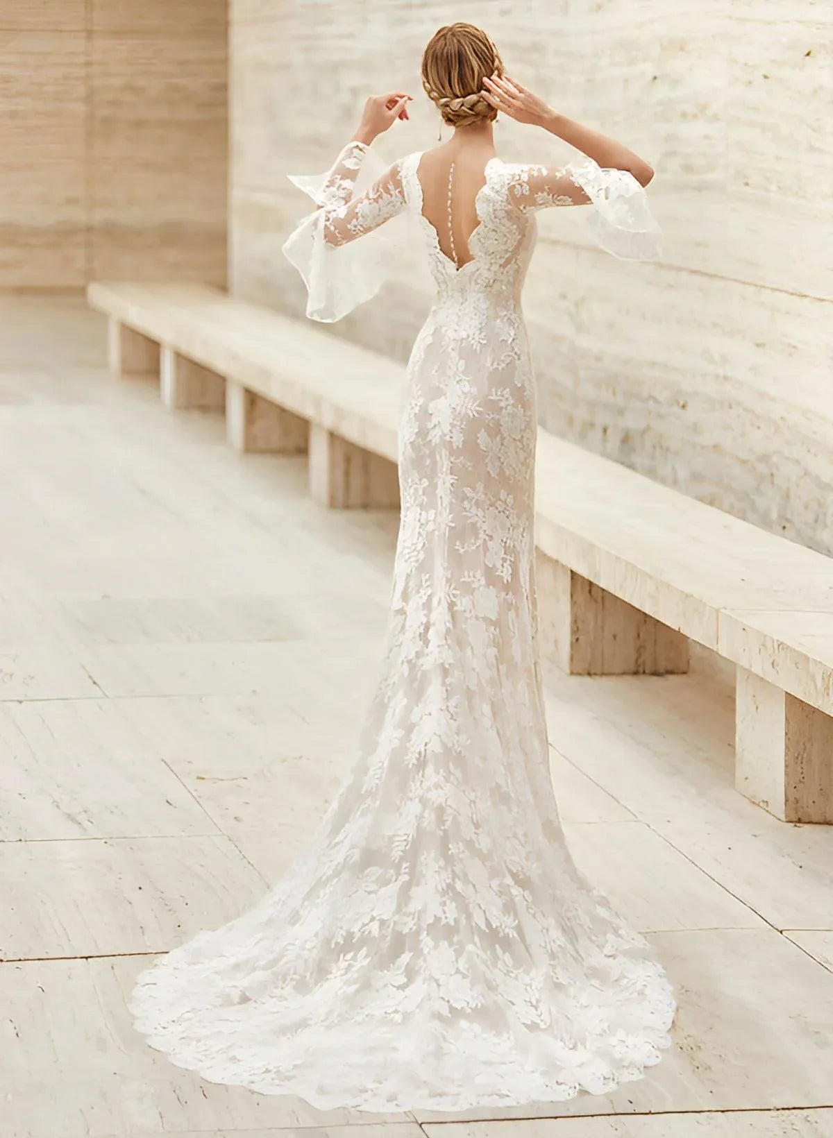 Vintage Romantic Trumpet Deep V-Neck Lace Mermaid Wedding Dress with Bell Sleeves & High Slit