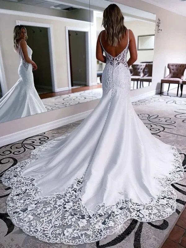 Vintage Romantic V-Neck Lace Mermaid Wedding Dress with Sheer Low Back & Scalloped Train