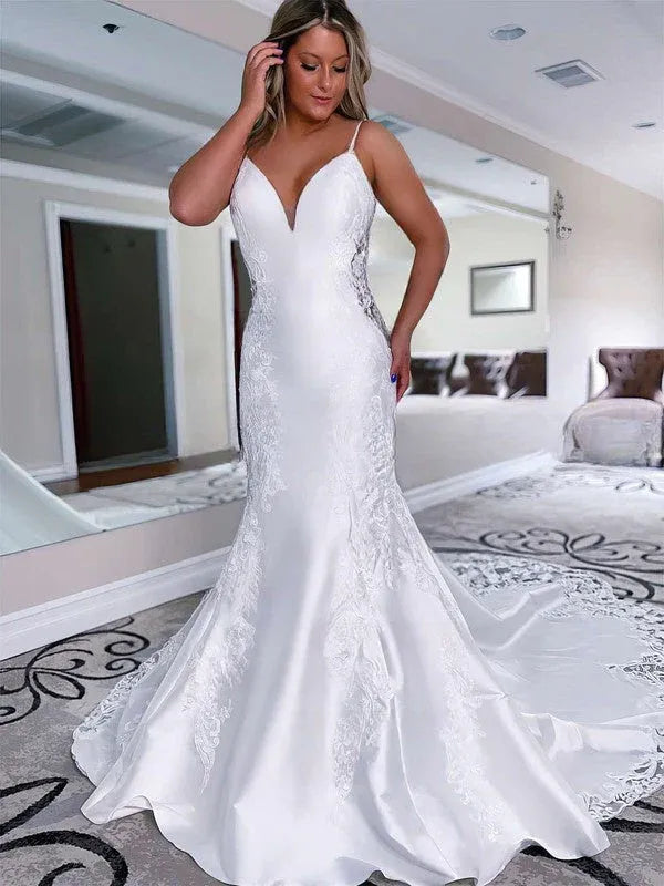 Vintage Romantic V-Neck Lace Mermaid Wedding Dress with Sheer Low Back & Scalloped Train