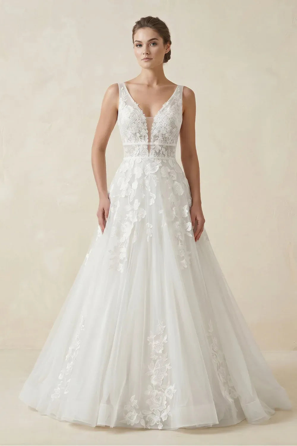 Vintage Romantic V-Neck Sleeveless Floral Lace A-Line Wedding Dress with Keyhole Back