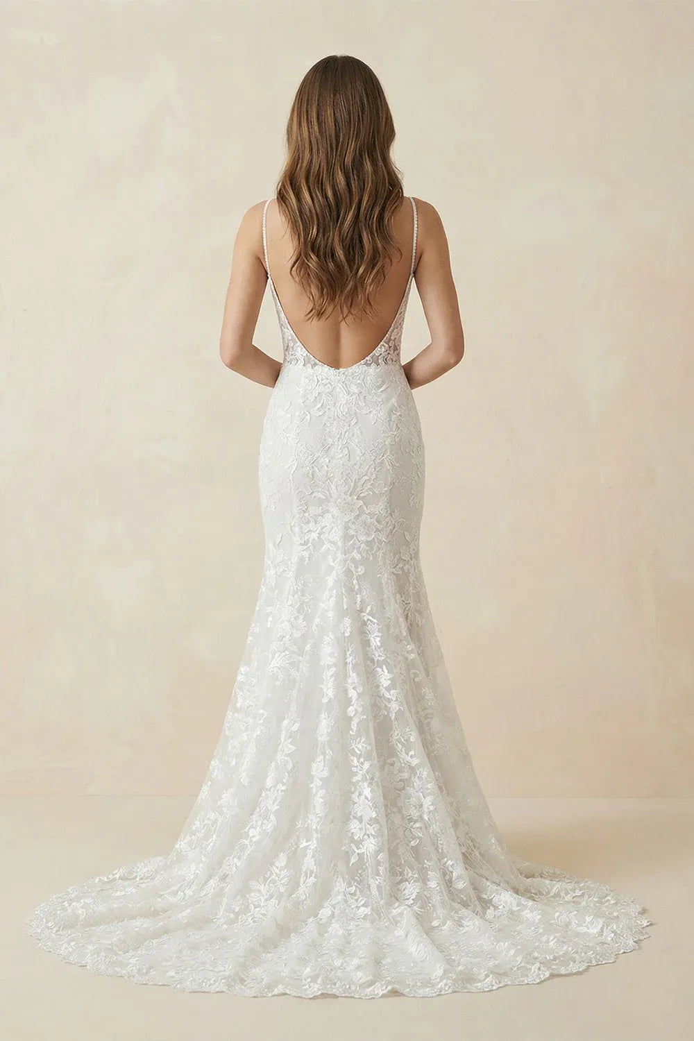 Vintage Spaghetti Strap Floral Lace Mermaid Wedding Dress with Deep V-Neck & Low Back