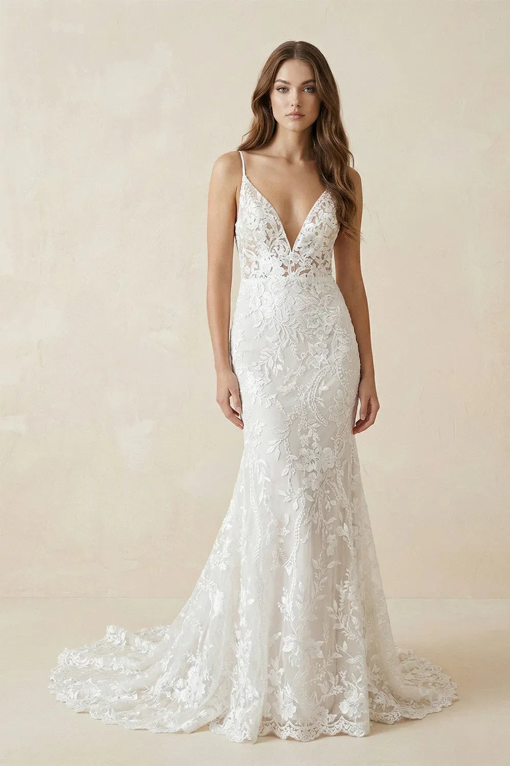 Vintage Spaghetti Strap Floral Lace Mermaid Wedding Dress with Deep V-Neck & Low Back