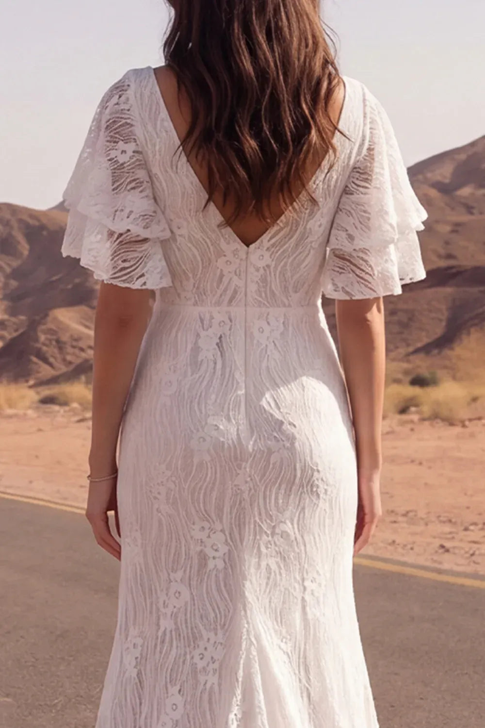 Vintage V-Neck Flutter Sleeve Lace Mermaid Wedding Dress Brush Train with Slit