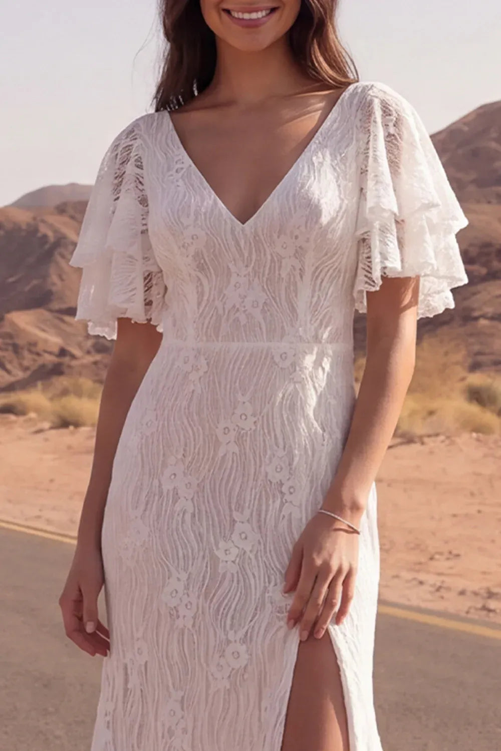 Vintage V-Neck Flutter Sleeve Lace Mermaid Wedding Dress Brush Train with Slit