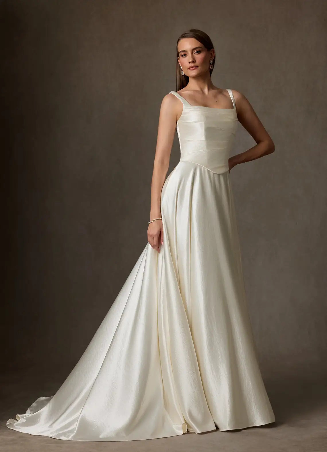 Voluminous ball gown skirt with dramatic train Square Neck Satin Ball Gown Wedding Dress with Corset Bodice