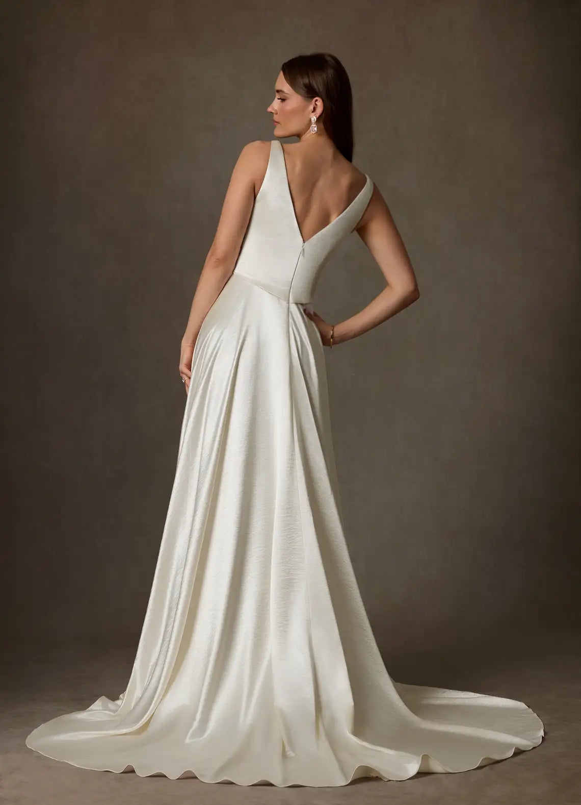 Voluminous ball gown skirt with dramatic train Square Neck Satin Ball Gown Wedding Dress with Corset Bodice