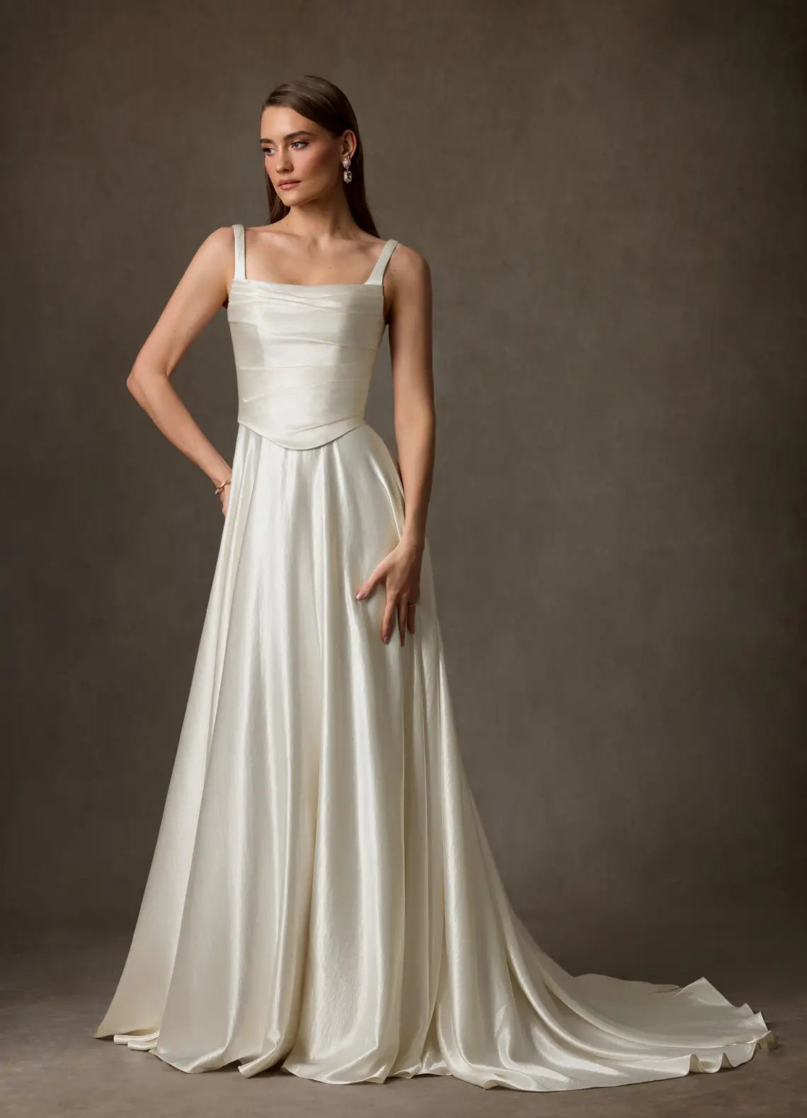 Voluminous ball gown skirt with dramatic train Square Neck Satin Ball Gown Wedding Dress with Corset Bodice