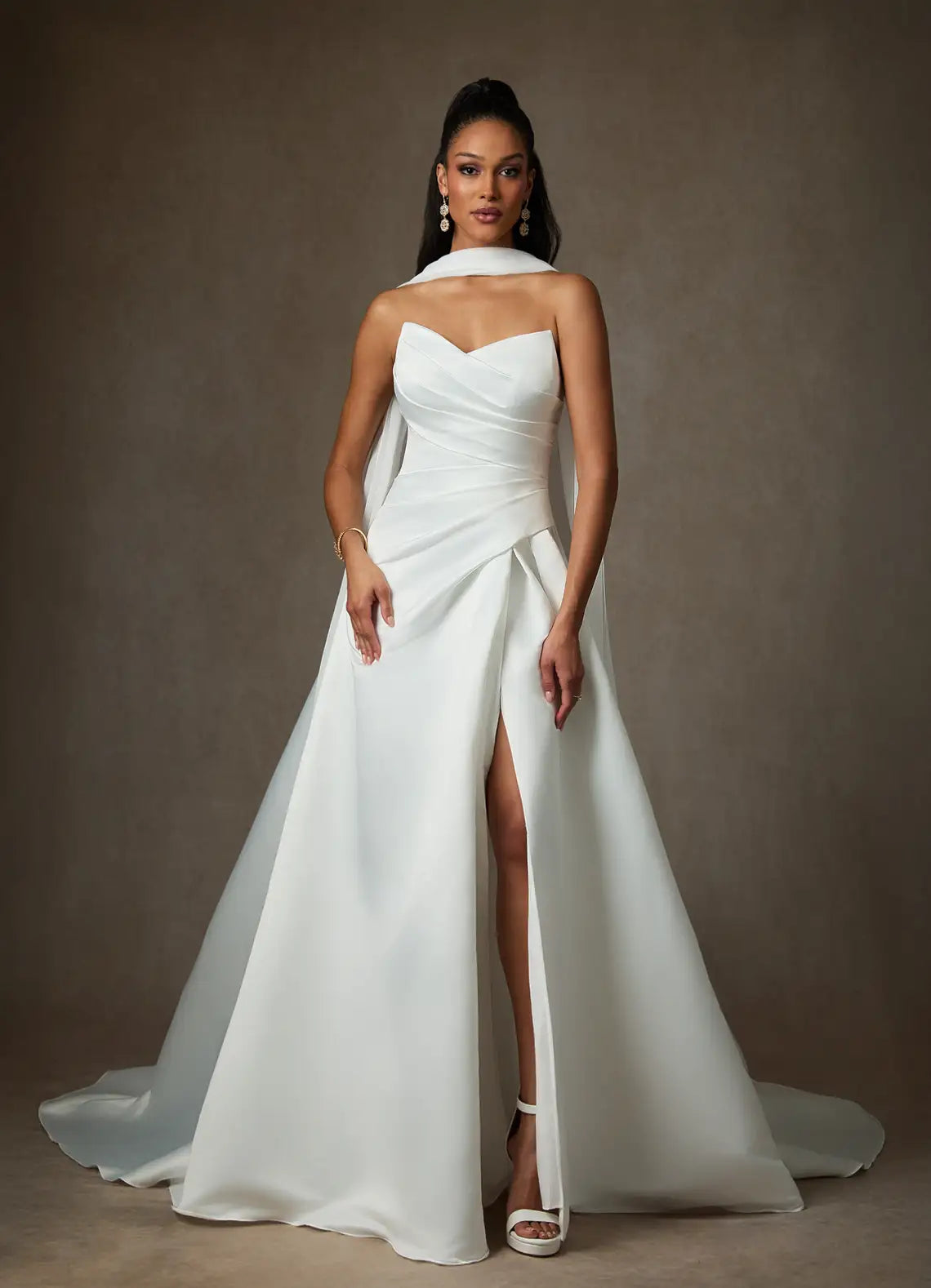 Voluminous ball gown skirt with dramatic train Strapless Sweetheart Satin Ball Gown Wedding Dress with Scarf Neck Detail