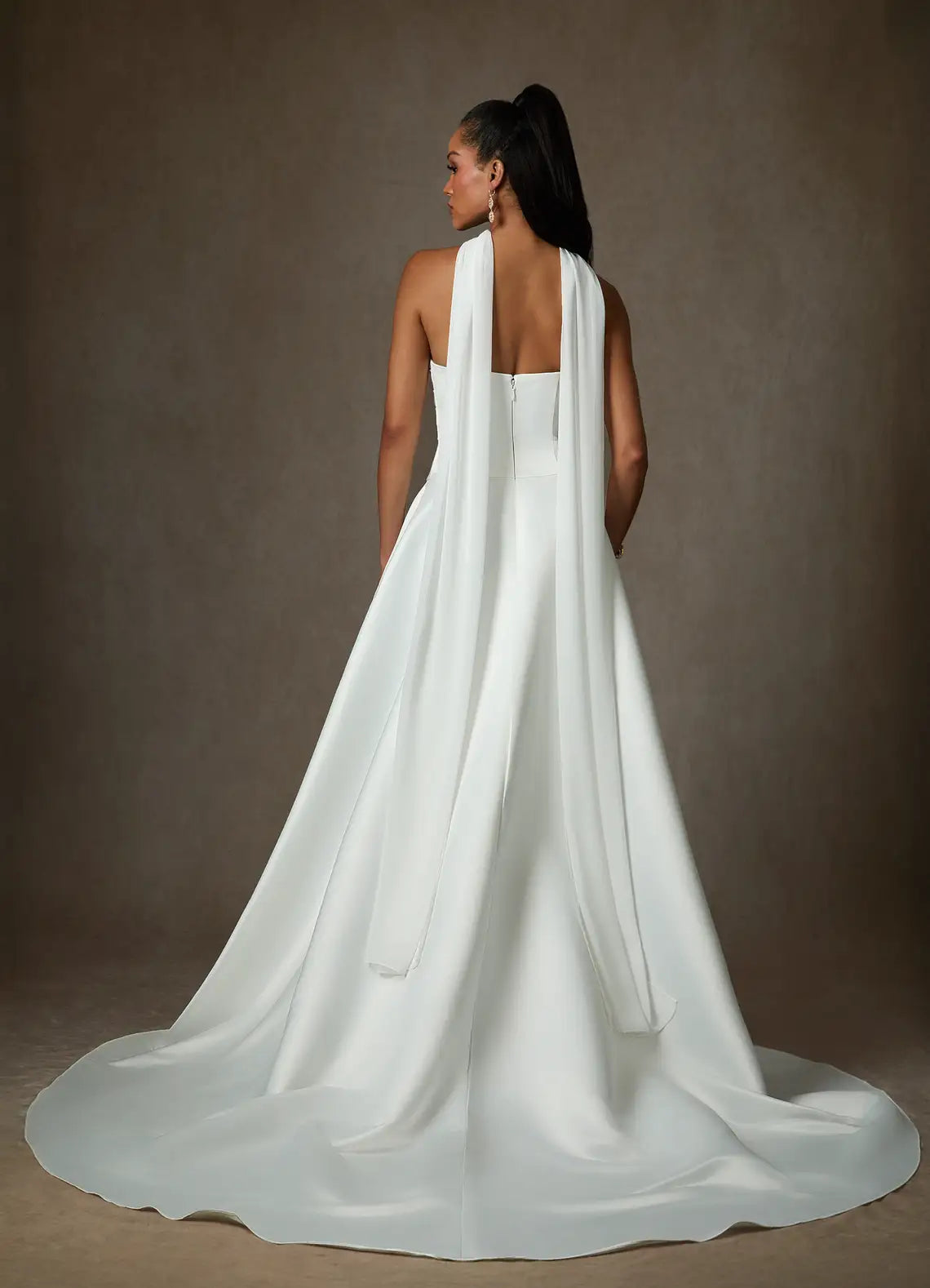 Voluminous ball gown skirt with dramatic train Strapless Sweetheart Satin Ball Gown Wedding Dress with Scarf Neck Detail
