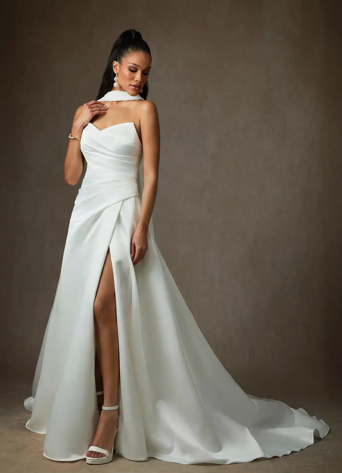 Voluminous ball gown skirt with dramatic train Strapless Sweetheart Satin Ball Gown Wedding Dress with Scarf Neck Detail
