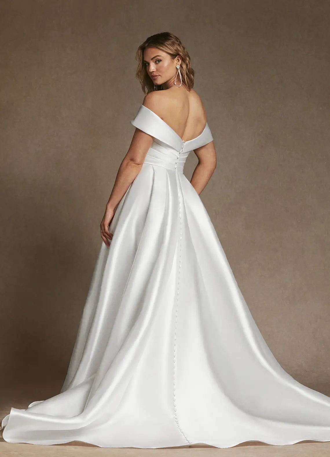 Voluminous ball gown skirt with front slit Off-the-Shoulder Satin Ball Gown Wedding Dress with Slit