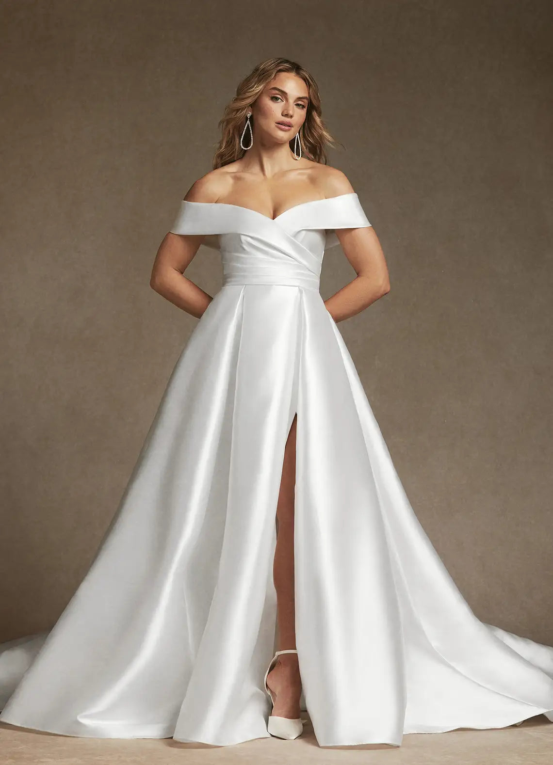 Voluminous ball gown skirt with front slit Off-the-Shoulder Satin Ball Gown Wedding Dress with Slit
