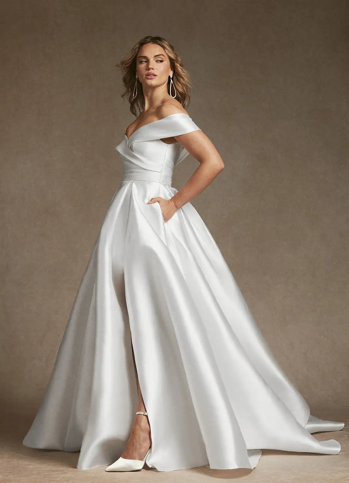 Voluminous ball gown skirt with front slit Off-the-Shoulder Satin Ball Gown Wedding Dress with Slit