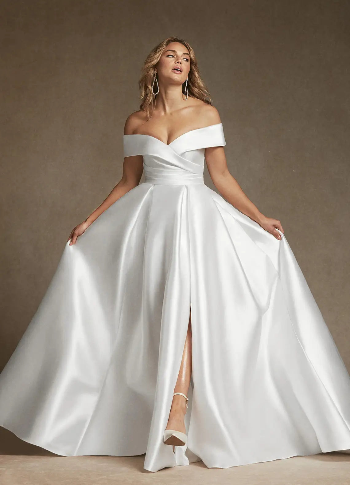 Voluminous ball gown skirt with front slit Off-the-Shoulder Satin Ball Gown Wedding Dress with Slit