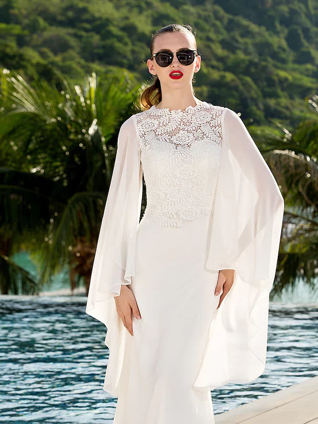 DingjiWedding Dresses Jewel NeckLace Georgette Long Sleeve Beach Illusion Detail Backless with Lace