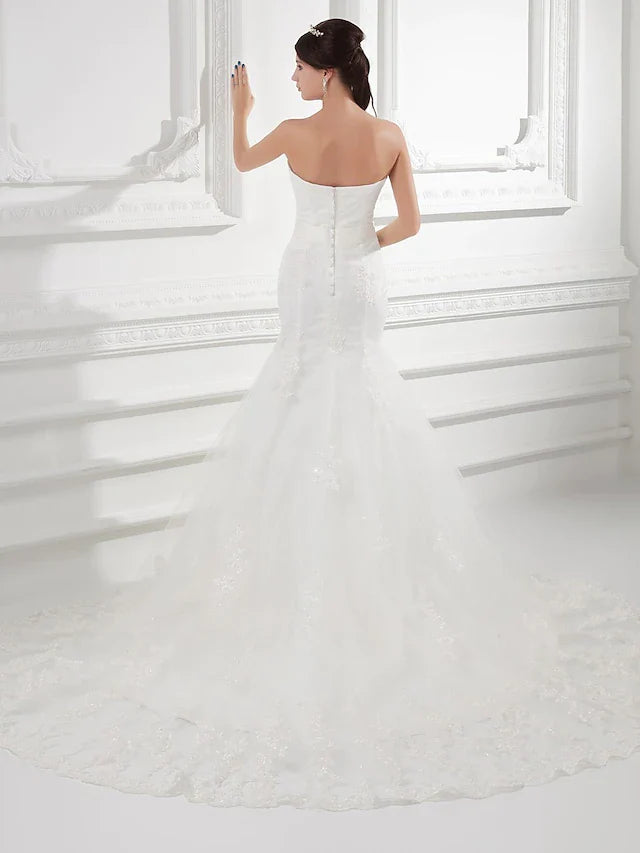 DingjiWedding Dresses Strapless Chapel Train Lace Satin Tulle Strapless with Bow(s) Buttons Beading