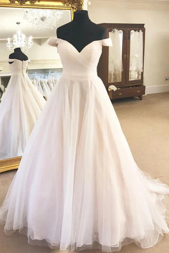 Tulle Off the Shoulder A-Line Sleeveless Ivory Wedding Dress with Pleats