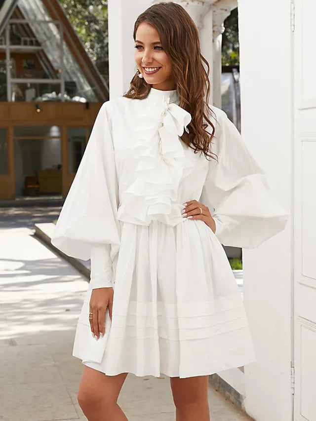 DingjiA-Line Elegant Vintage Party Wear Wedding Guest Valentine's Day Dress High Neck Long Sleeve Short Mini Cotton with Ruffles