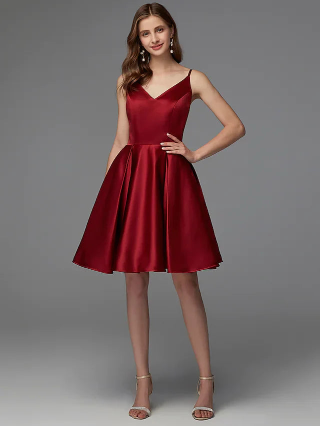 DingjiA-Line Hot Homecoming Cocktail Party Valentine's Day Dress V Neck Sleeveless Short Mini Satin with Pleats